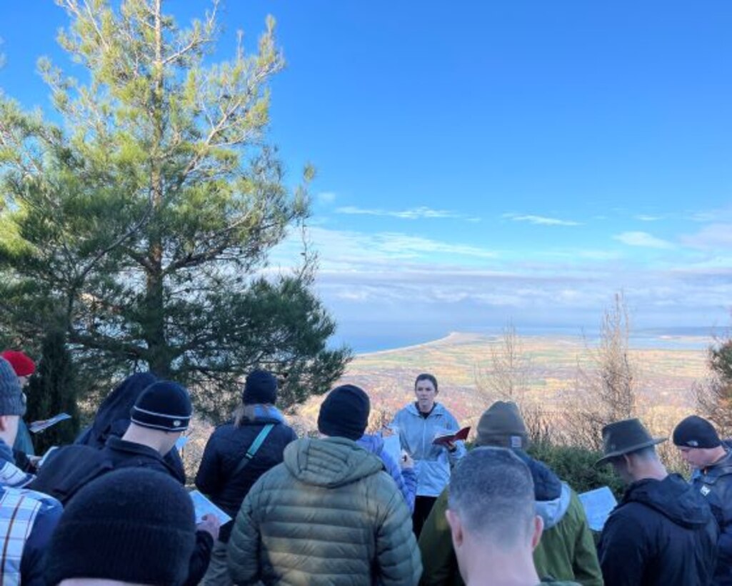 SAW European Staff Ride:  Maj Jessica L. Ryan leads a guided discussion on the Aug 1915 Battle of Chunuk Bair. ANZAC forces conducted their main effort attack to seize key terrain that would bring land forces a step closer to wresting the Gallipoli Peninsula from Ottoman control and set conditions for Allied/Entente naval forces to penetrate the Dardanelles. Although the ANZACs cleared the objective, their high attrition and a determined Ottoman counterattack forced the ANZACs to withdraw and the offensive failed.