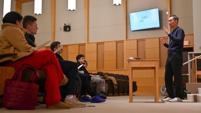 U.S. Air Force Capt. Bermsoo Kim, 51st Fighter Wing chaplain, speaks about respect at a marriage study at Osan Air Base, Republic of Korea, Jan. 23, 2025. The 51st FW Chaplain Corps and religious support personnel help military members fortify their resilience in the human domains of spiritual, mental, and social fitness. (U.S. Air Force photo by Senior Airman Sabrina Fuller-Judd)