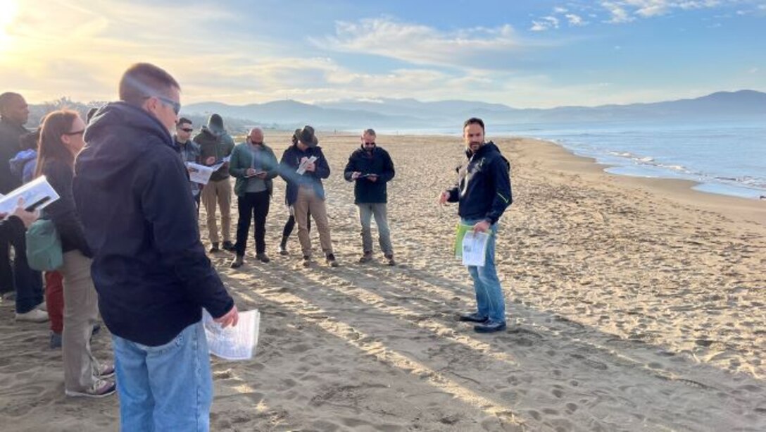 SAW European Staff Ride:  Maj Nurisso, ITA, leads a guided discussion from the beach of Salerno, Italy, the site of Allied landings in support of Operation AVALANCHE in Sept 1943.
