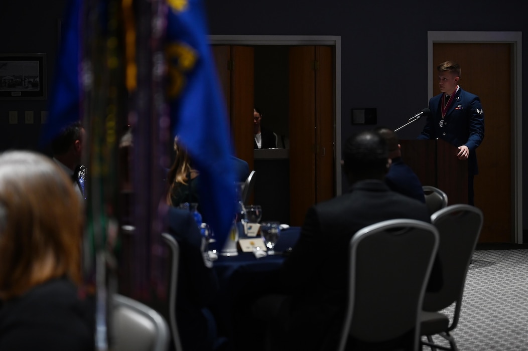 U.S. Air Force Senior Airman Peter Surette, Airman Leadership School Class 25-B graduate, delivers the class speech during the ALS Class 25-B graduation at the Powell Event Center, Goodfellow Air Force Base, Texas, Feb. 13, 2025. Students gain an understanding of their role as military supervisors and how they contribute to the overall goals and mission of the Air Force. (U.S. Air Force photo by Senior Airman Madi Collier)