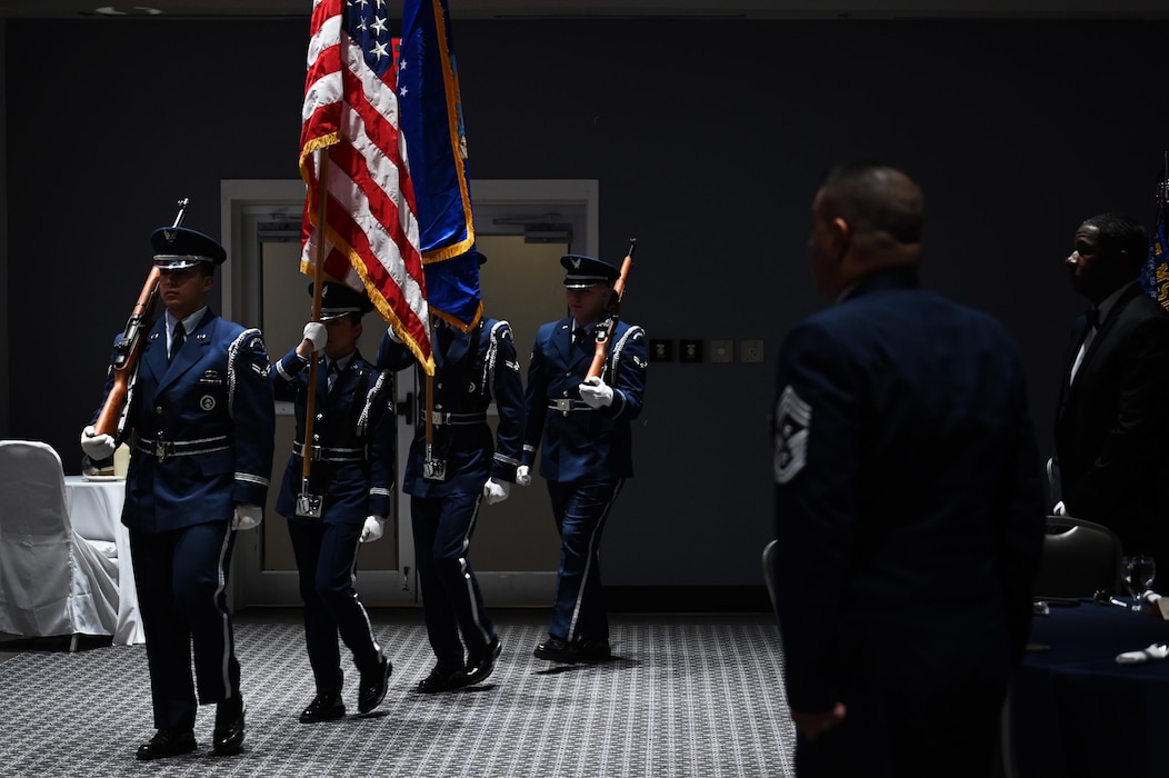 The Goodfellow Air Force Base Honor Guard presents the colors during the Airman Leadership School Class 25-B graduation at the Powell Event Center, Goodfellow Air Force Base, Texas, Feb. 13, 2025. One of the purposes of the Honor Guard is to present the National Colors during official ceremonies. (U.S. Air Force photo by Senior Airman Madi Collier)