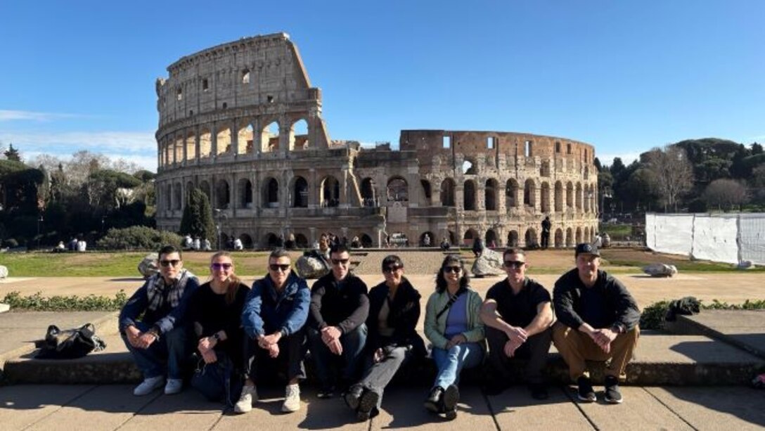 SAW European Staff Ride:  Students relax in front of the Colosseum during a culture day in Rome, Italy.