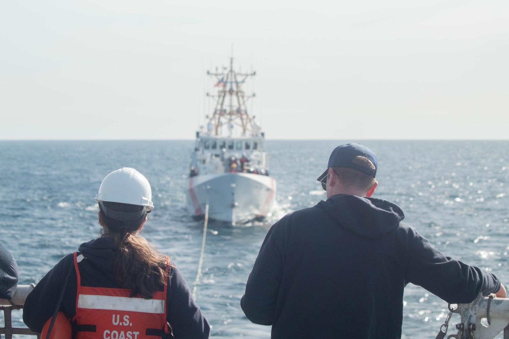 U.S. Coast Guard Cutter Active (WMEC 618) crewmembers conduct a towing and astern refueling exercise with U.S. Coast Guard Cutter Terrell Horne (WPC-1131), a 154-foot fast response cutter homeported in Los Angeles-Long Beach, California, while the cutters patrol the Pacific Ocean, Jan. 21, 2025. Active’s crew returned to their Port Angeles, Washington, homeport after patrolling over 5,500 miles off the coast of California in support of the Coast Guard District 11’s Operation Baja Tempestad which uses an interagency approach to conduct detection, monitoring, interdiction, and apprehension operations to counter Transnational Criminal Organization activity in the Coastal California Region, and the United States Pacific maritime southern border including alien interdiction operations. (U.S. Coast Guard photo by Petty Officer 2nd Class Brenton Kludt.)