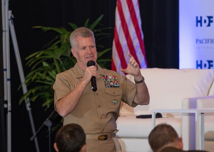 Adm. Samuel J. Paparo, commander of U.S. Indo-Pacific Command, delivers opening remarks during the Honolulu Defense Forum at the Alohilani Resort in Honolulu on Feb. 13, 2025.