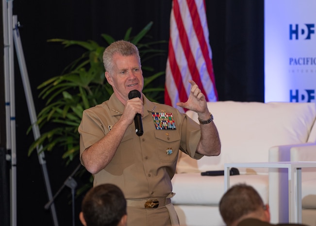 Adm. Samuel J. Paparo, commander of U.S. Indo-Pacific Command, delivers opening remarks during the Honolulu Defense Forum at the Alohilani Resort in Honolulu on Feb. 13, 2025.