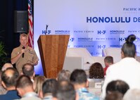 Adm. Samuel J. Paparo, commander of U.S. Indo-Pacific Command, delivers opening remarks during the Honolulu Defense Forum at the Alohilani Resort in Honolulu on Feb. 13, 2025.