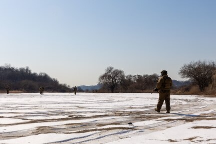 U.S. Marines with III Marine Expeditionary Force Support Battalion patrol during a joint training event at Dagmar North Training Area, Republic of Korea, Feb. 6, 2025.