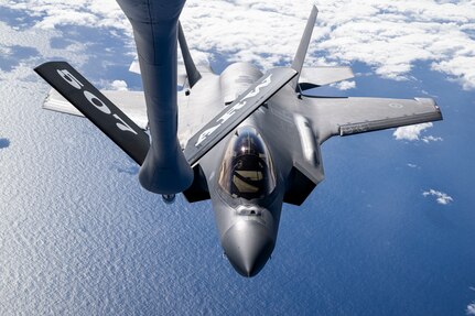 A Royal Australian Air Force F-35A Lightning II approaches the boom arm of a U.S. Air Force KC-135 Stratotanker assigned responsibility to the 465th Aerial Refueling Squadron, Tinker Air Force Base, Oklahoma, over the U.S. Indo-Pacific Command area of , Feb. 11, 2025.