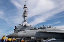 An F/A-18F Super Hornet, assigned to the “Bounty Hunters” of Strike Fighter Squadron (VFA) 2, refuels on the flight deck of the French aircraft carrier FS Charles De Gaulle (R 91) Feb. 10, 2025.