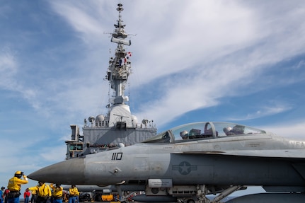 An F/A-18F Super Hornet, assigned to the “Bounty Hunters” of Strike Fighter Squadron (VFA) 2, refuels on the flight deck of the French aircraft carrier FS Charles De Gaulle (R 91) Feb. 10, 2025.