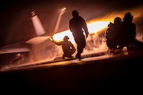 An F/A-18E Super Hornet from the “Kestrels” of Strike Fighter Squadron (VFA) 137 launches from the flight deck of the aircraft carrier USS Nimitz (CVN 68) in the Pacific Ocean, Feb. 10, 2025.