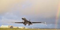 A U.S. Air Force B-1B Lancer assigned to the 34th Expeditionary Bomb Squadron, Ellsworth Air Force Base, S.D., takes off in support of Bomber Task Force 25-1 at Andersen Air Force Base, Guam, Feb. 10, 2025.
