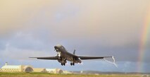 A U.S. Air Force B-1B Lancer assigned to the 34th Expeditionary Bomb Squadron, Ellsworth Air Force Base, S.D., takes off in support of Bomber Task Force 25-1 at Andersen Air Force Base, Guam, Feb. 10, 2025.
