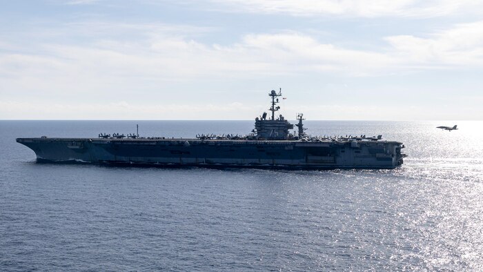 250215-N-FY193-1209 MEDITERRANEAN SEA (Feb. 15, 2024) An F/A-18F Super Hornet, attached to the “Red Rippers” of Strike Fighter Squadron (VFA) 11, prepares to land on the flight deck of the Nimitz-class aircraft carrier USS Harry S. Truman (CVN 75) Feb. 15. USS Harry S. Truman, the flagship of the Harry S. Truman Carrier Strike Group (HSTCSG), is on a scheduled deployment in the U.S. 6th Fleet area of operations supporting U.S. Naval Forces Europe-Africa to defend U.S., Allied and partner interests. (U.S. Navy photo by Mass Communication Specialist 3rd Class Mike Shen)