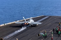 250215-N-LA645-3400 MEDITERRANEAN SEA (Feb. 15, 2025) An F/A-18E Super Hornet, attached to the “Knighthawks” of Strike Fighter Squadron (VFA) 136, launches from the flight deck of the USS Harry S. Truman (CVN 75) Feb. 15. USS Harry S. Truman, the flagship of the Harry S. Truman Carrier Strike Group (HSTCSG), is on a scheduled deployment in the U.S. 6th Fleet area of operations supporting U.S. Naval Forces Europe-Africa to defend U.S., Allied and partner interests. (U.S. Navy photo by Mass Communication Specialist MC2 Emily Guillory)