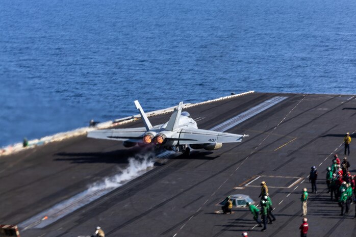 250215-N-LA645-3400 MEDITERRANEAN SEA (Feb. 15, 2025) An F/A-18E Super Hornet, attached to the “Knighthawks” of Strike Fighter Squadron (VFA) 136, launches from the flight deck of the USS Harry S. Truman (CVN 75) Feb. 15. USS Harry S. Truman, the flagship of the Harry S. Truman Carrier Strike Group (HSTCSG), is on a scheduled deployment in the U.S. 6th Fleet area of operations supporting U.S. Naval Forces Europe-Africa to defend U.S., Allied and partner interests. (U.S. Navy photo by Mass Communication Specialist MC2 Emily Guillory)