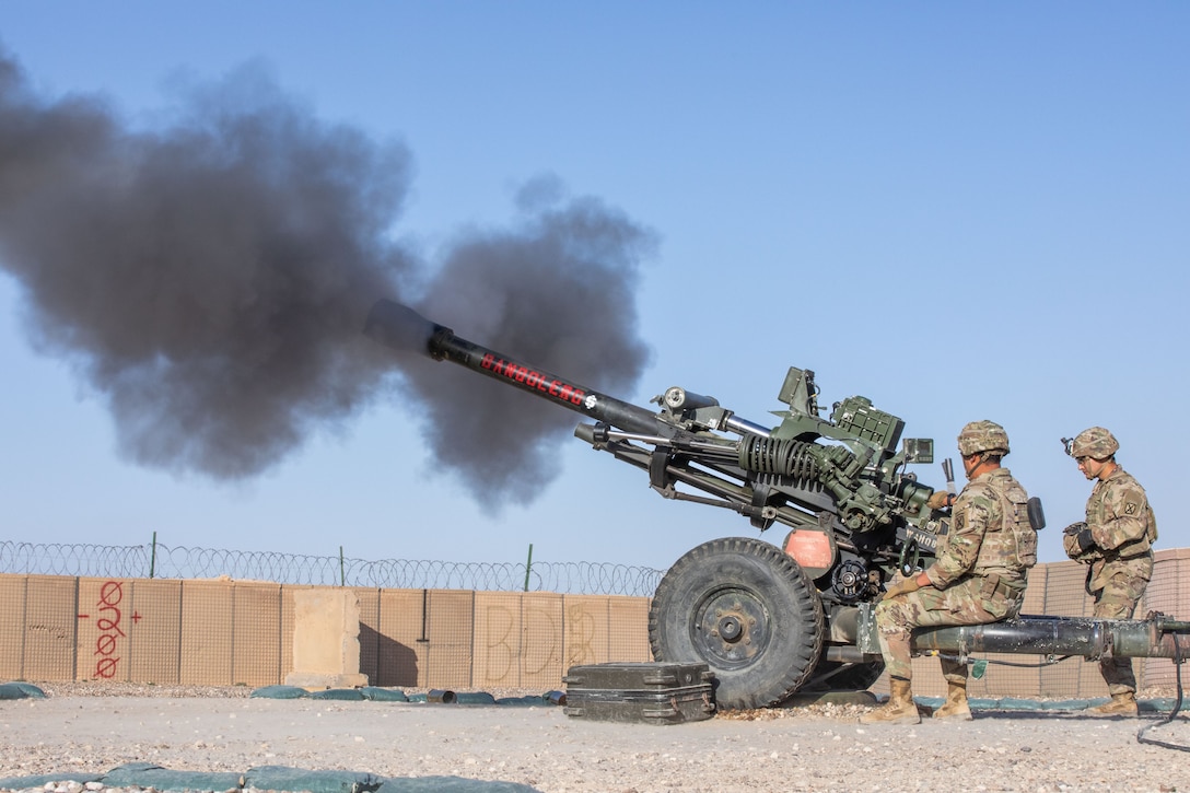 U.S. Army Soldiers with the 10th Mountain Division fire an M119 Howitzer during a live fire exercise in the U.S. Central Command area of responsibility.