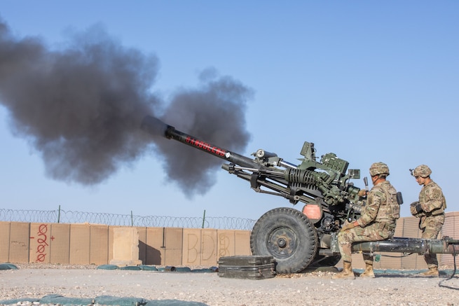 U.S. Army Soldiers with the 10th Mountain Division fire an M119 Howitzer during a live fire exercise in the U.S. Central Command area of responsibility.