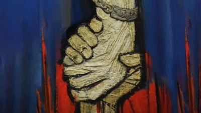 An enchained hand pulls up another hand.