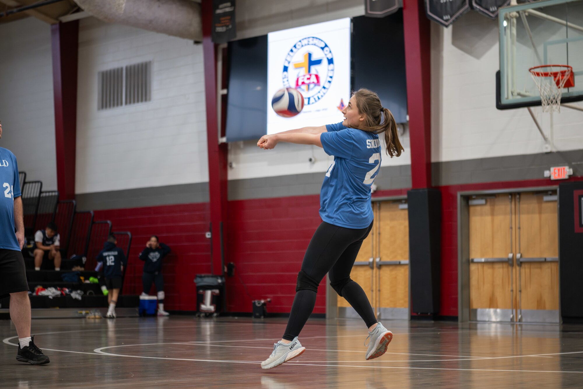 Arnold AFB team member Jocelyn Snodgrass hits the ball during a volleyball match at the Tullahoma High School, Tullahoma, Tenn., Jan. 19, 2025. Arnold Air Force Base hosted a regional volleyball tournament featuring seven teams from various Air Force Bases, including Dover, Scott, Langley, Whiteman, Arnold, McGuire, and Seymour-Johnson. (U.S. Air Force photo by Keith Thornburgh)