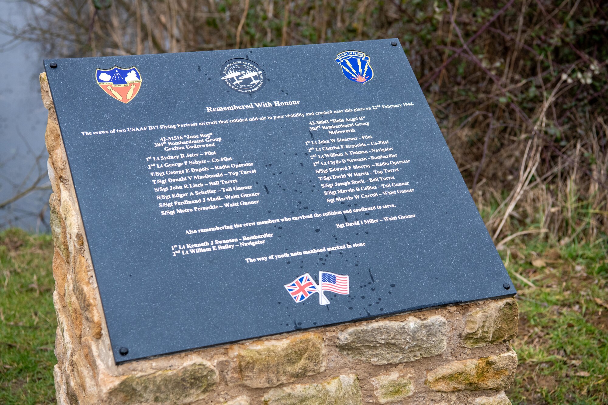 A permanent memorial is displayed during a memorial ceremony