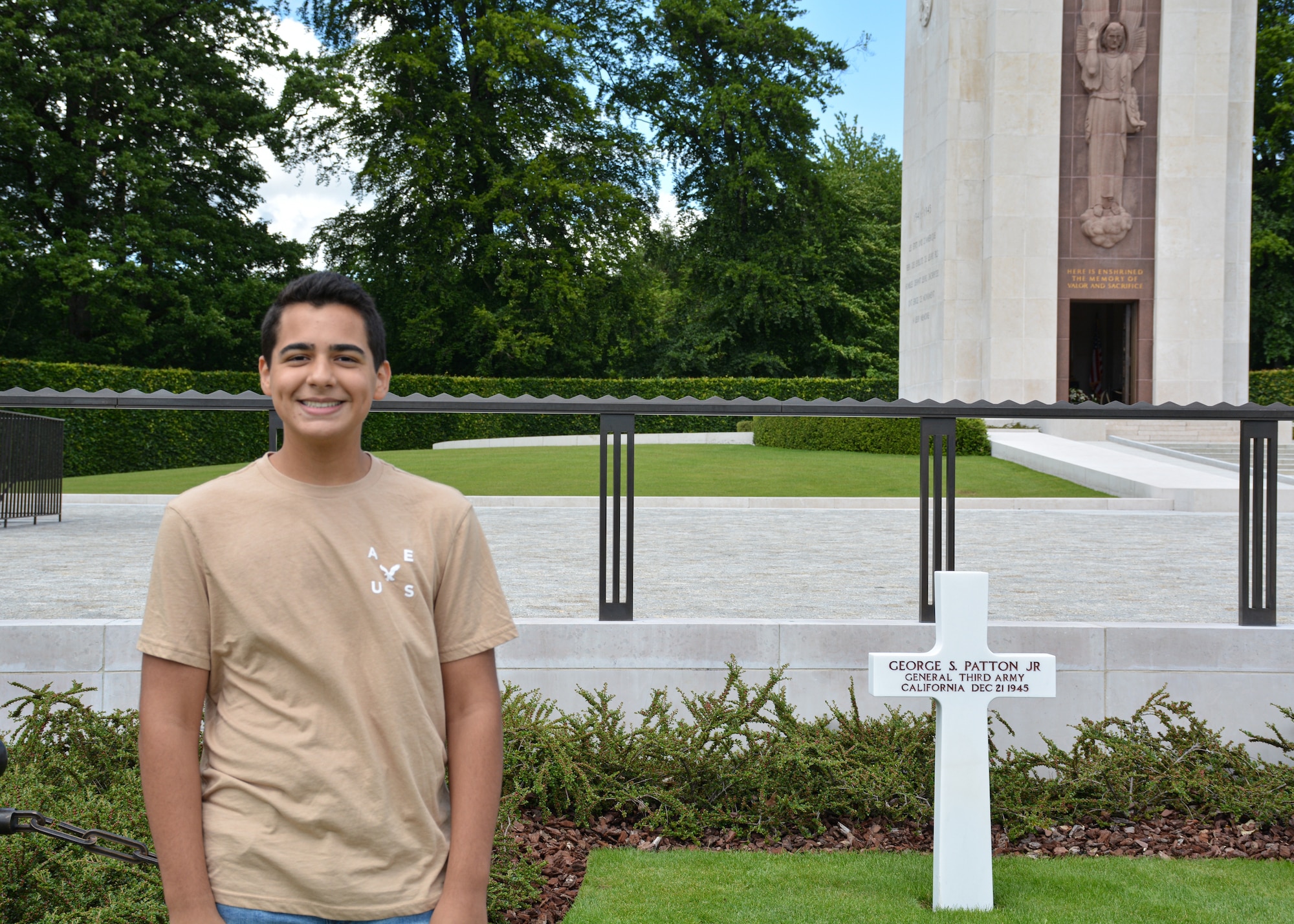 Aidan Martinez poses for a photo at the Luxembourg American Cemetery, Hamm, Luxembourg, June. 12, 2019.