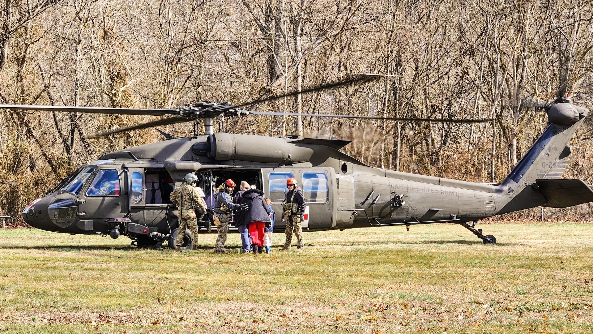 Airmen from the Kentucky Air National Guard’s 123rd Special Tactics Squadron evacuate 296 stranded residents from two housing complexes surrounded by floodwaters in Martin County, Kentucky, Feb. 17, 2025. The residents were flown to the Big Sandy Regional Airport in Debord aboard UH-60 Black Hawk helicopters from the Indiana Army National Guard and the Kentucky Army National Guard’s 63rd Theater Aviation Brigade.