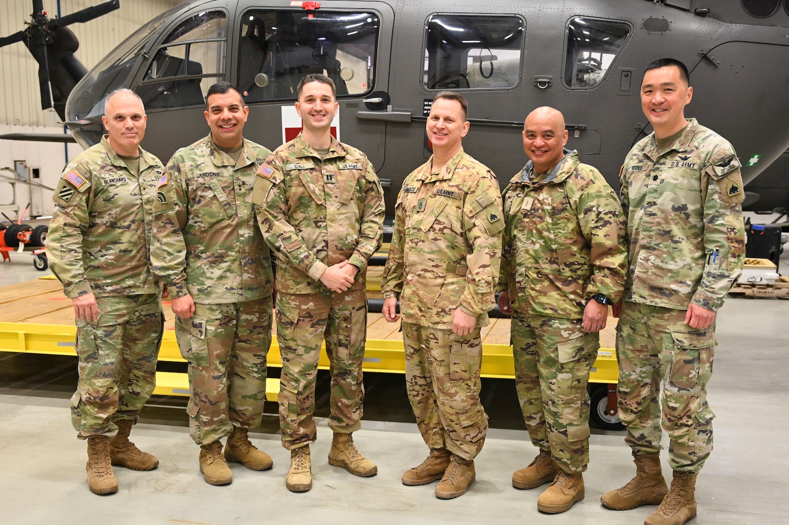 Left to right, Brig. Gen. Leland D. Blanchard II, the adjutant general for the District of Columbia National Guard; Maj. Gen. John C. Andonie, commanding general (Interim) for the D.C. National Guard; Capt. Corbin Cali, aviation operations officer and Det 1 A Co 1/224th S&S commander; Sgt. 1st Class Richard Molezzo, Det 1 A Co 1/224th S&S NCOIC; Chief Warrant Officer 5 Bernard L. Aguon, command chief warrant officer for the D.C. National Guard, and Lt. Col. Ryan Rooks, state aviation officer for the D.C. Army National Guard. About two dozen D.C. Guard members returned home following a 12-month deployment to the southern border.