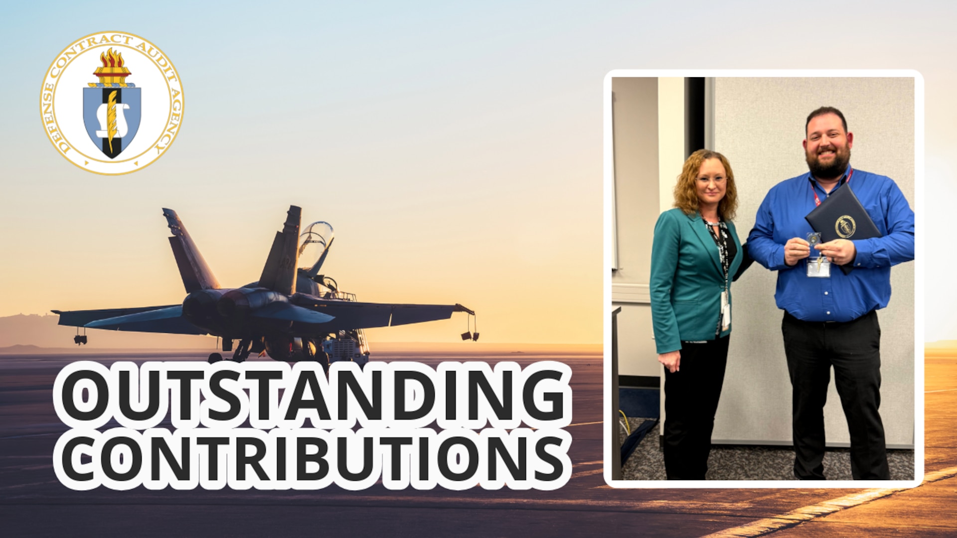 Text banner with aircraft and a picture of two professionals standing next to each other.