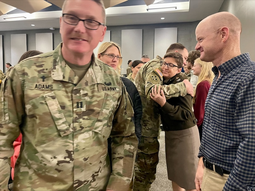 Maj. Gen. Haldane B. Lamberton, Kentucky Adjutant General speaks about Chaplain (Col.) Angela White, Kentucky's new state chaplain, during her promotion ceremony at the Wellman Armory auditorium on Boone National Guard Center Jan. 26.