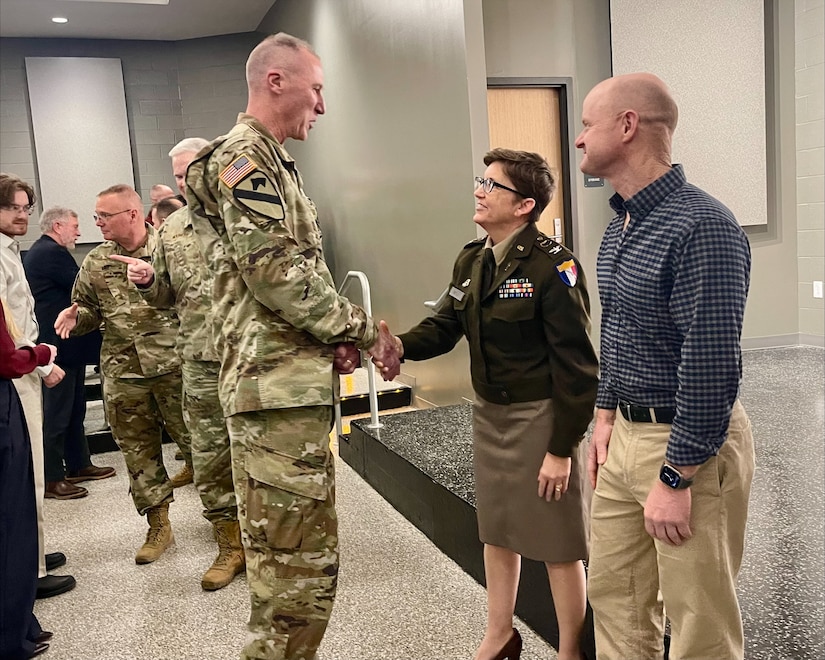 Maj. Gen. Haldane B. Lamberton, Kentucky Adjutant General speaks about Chaplain (Col.) Angela White, Kentucky's new state chaplain, during her promotion ceremony at the Wellman Armory auditorium on Boone National Guard Center Jan. 26.