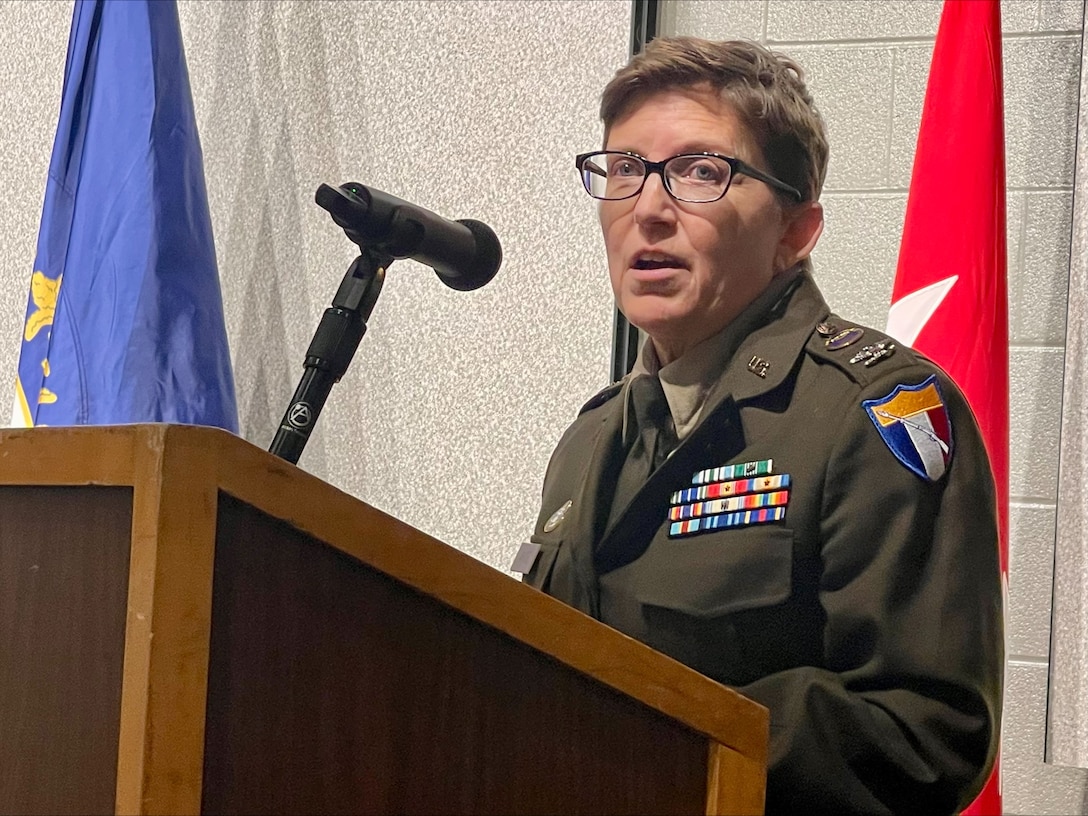 Maj. Gen. Haldane B. Lamberton, Kentucky Adjutant General speaks about Chaplain (Col.) Angela White, Kentucky's new state chaplain, during her promotion ceremony at the Wellman Armory auditorium on Boone National Guard Center Jan. 26.