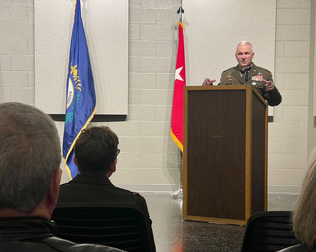 Maj. Gen. Haldane B. Lamberton, Kentucky Adjutant General speaks about Chaplain (Col.) Angela White, Kentucky's new state chaplain, during her promotion ceremony at the Wellman Armory auditorium on Boone National Guard Center Jan. 26.