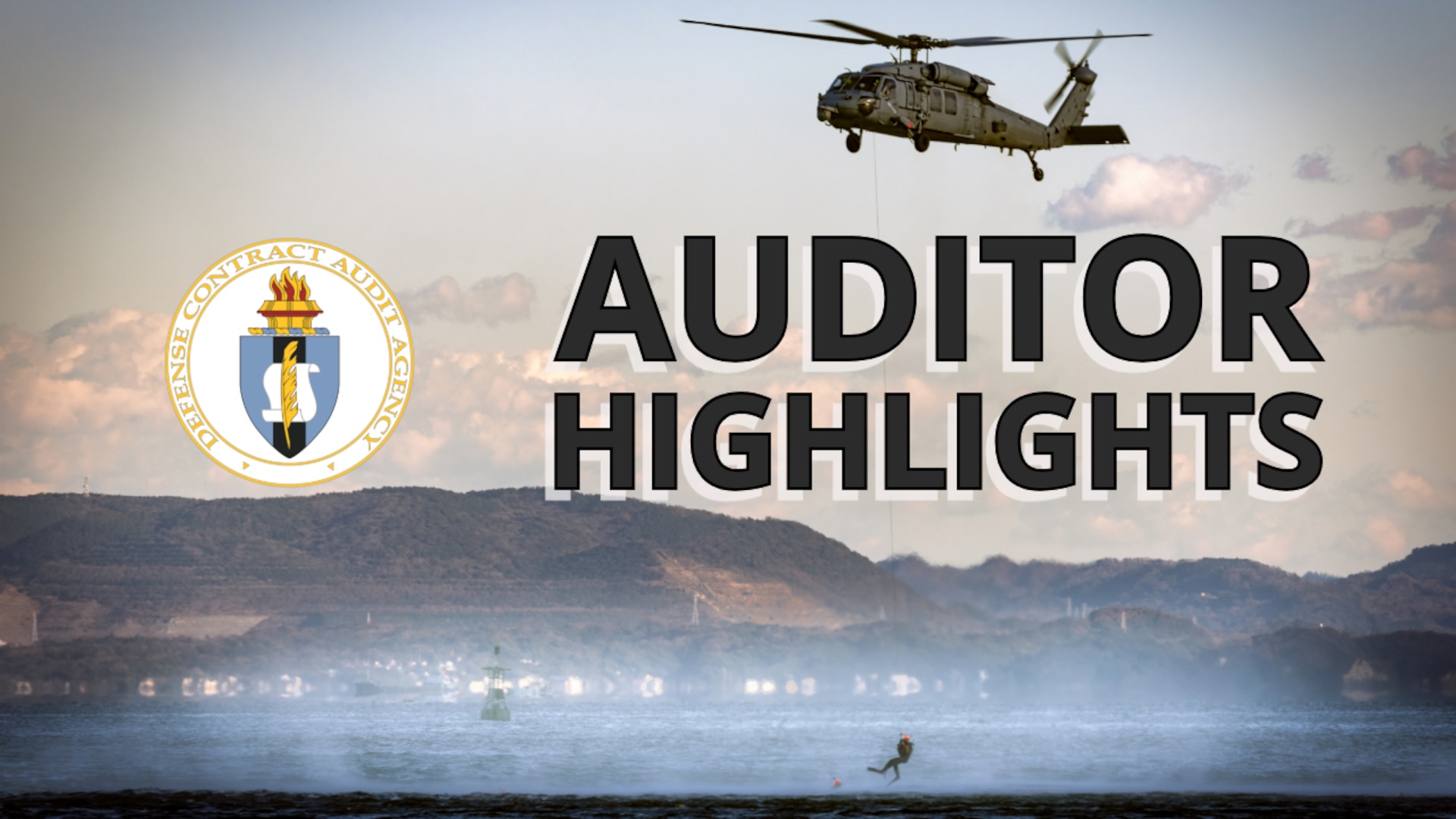 Text banner with helicopter and water in the background.