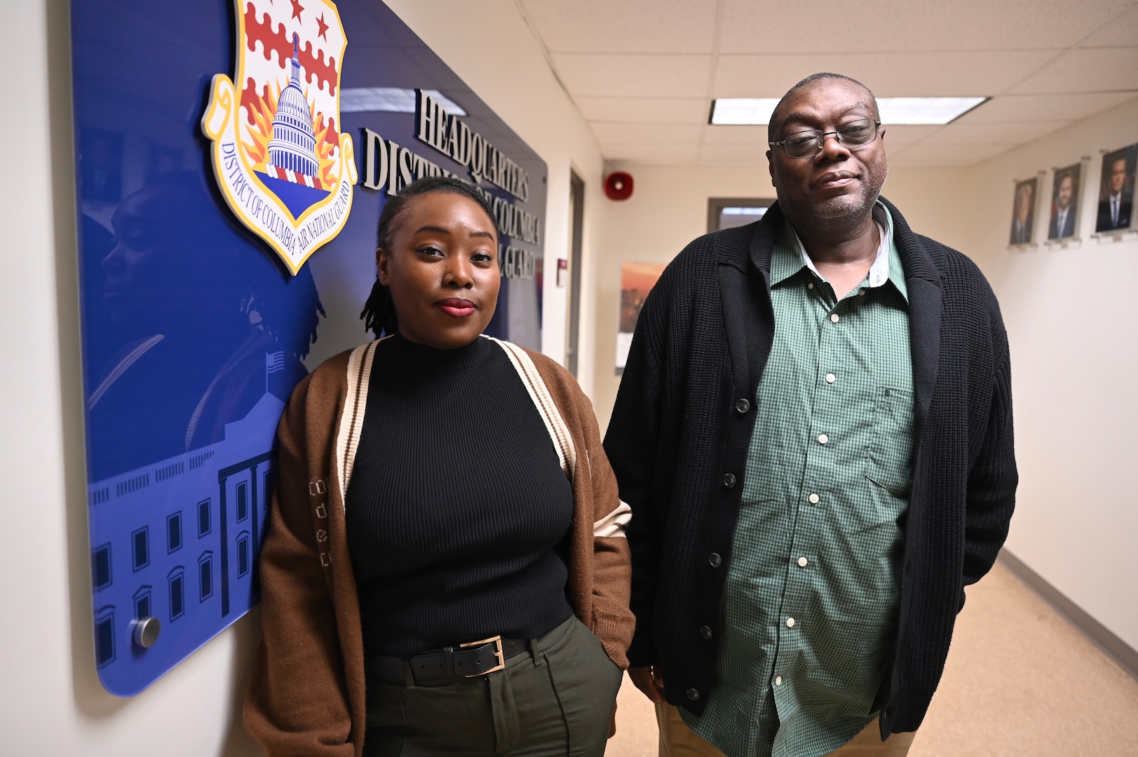 Ms. Rukayat Edu, Joint Force Headquarters - DCNG Victim Advocate, and Mr. Shone Webb, 113th Wing DCARNG Sexual Assault Response Coordinator (SARC) stand for a photo at the D.C. Armory, in Washington, D.C., on Feb. 14, 2025. Mr. Webb brings over 19 years of experience in victim services, including time within the U.S. Department of Veterans Affairs to the role. Whereas Ms. Edu spent multiple years as a victim advocate for the homeless and youth within Prince George’s County’s nonprofit sector. She also served as the 113thWing Volunteer Victim Advocate. Recently, the SAPR Program added both personnel to underscore the office’s critical role within the organization.