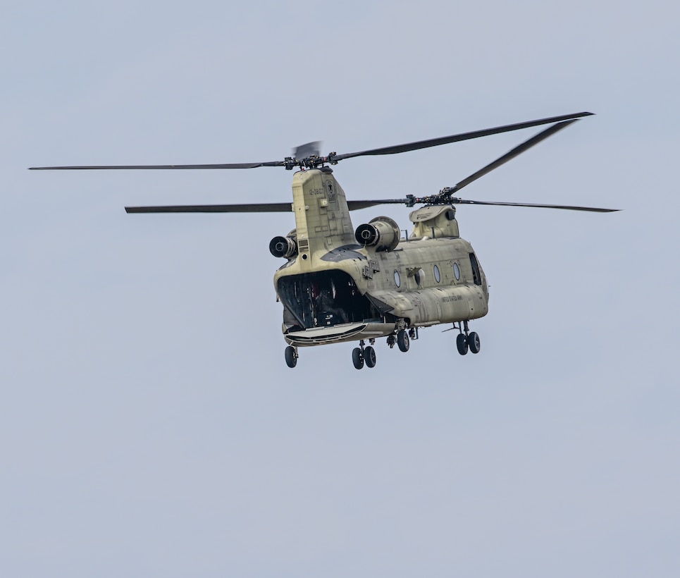 Chinook helicopter flies in the sky