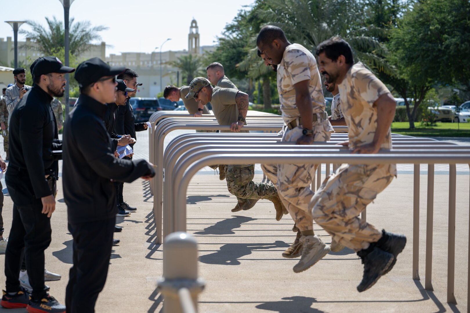 West Virginia and District of Columbia National Guard members and Qatar National Services Academy cadets compete in the Best Warrior Competition mystery event at the National Service Academy in Umm Salal Muhammed, Qatar, Feb. 4, 2025. The West Virginia Army National Guard hosted the annual competition in partnership with Qatar Armed Forces from Feb. 2-5, 2025, at the National Service Academy in Doha, Qatar.