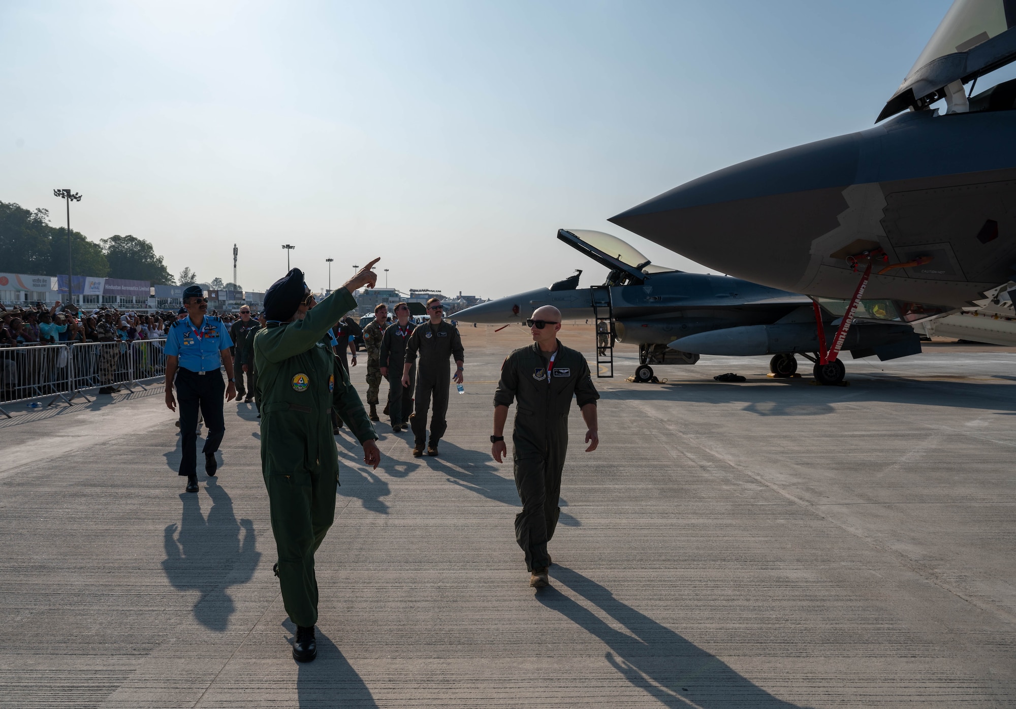 Indian Air Force Air Chief Marshal Amar Preet Singh, Chief of the Air Staff, tours an F-35A Lightning II with U.S. Air Force Capt. Trevor Marckmann, 355th Fighter Squadron pilot, during the Aero India 2025 air show, at Yelahanka Air Force Station, Bengaluru, India, Feb. 13, 2025.