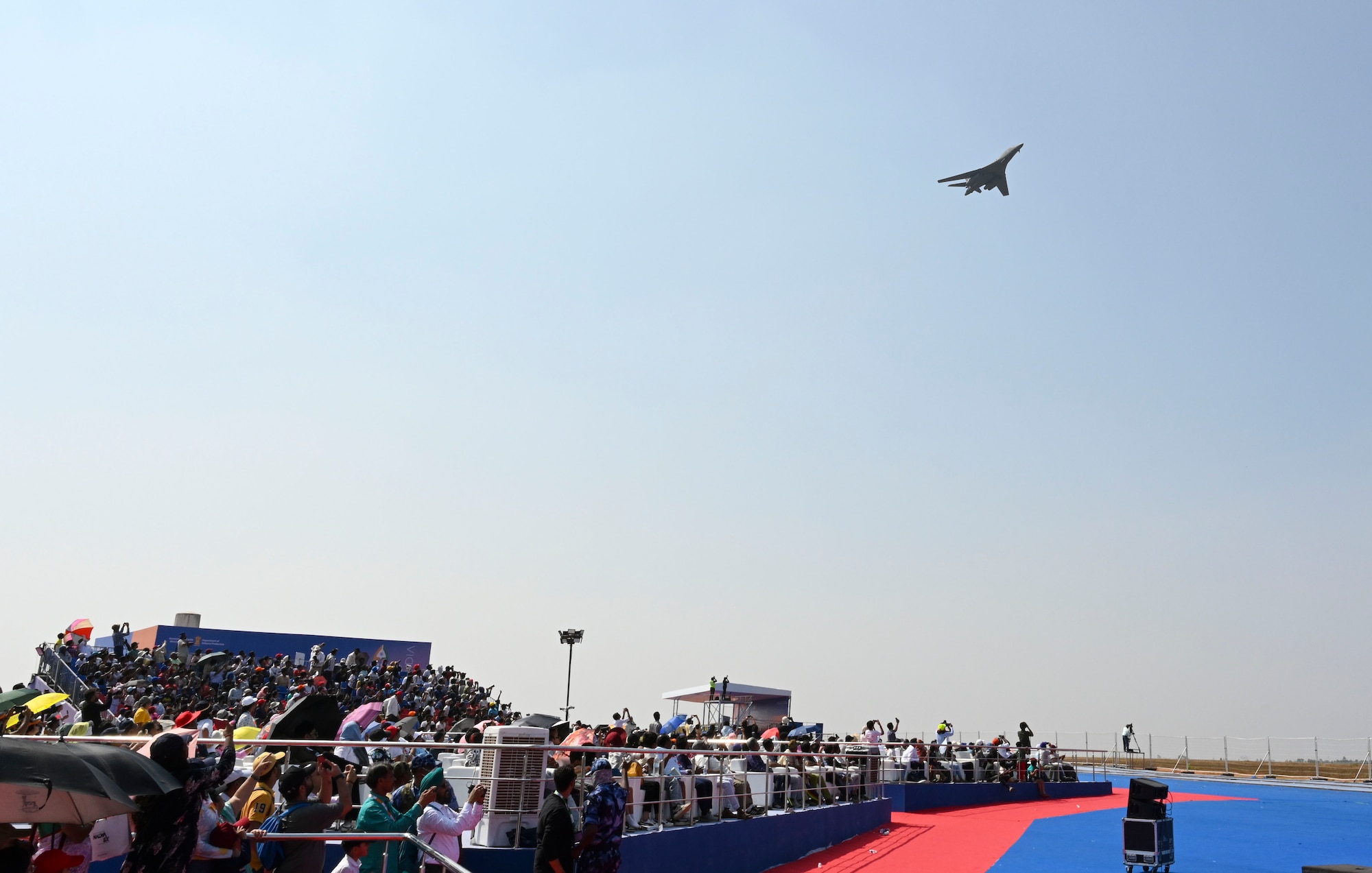 A U.S. Air Force B-1B Lancer assigned to the 34th Expeditionary Bomb Squadron, Ellsworth Air Force Base, S.D, executes a flyover during the Aero India 2025 air show at Yelahanka Air Force Station, Bengaluru, India, Feb. 13, 2025. The