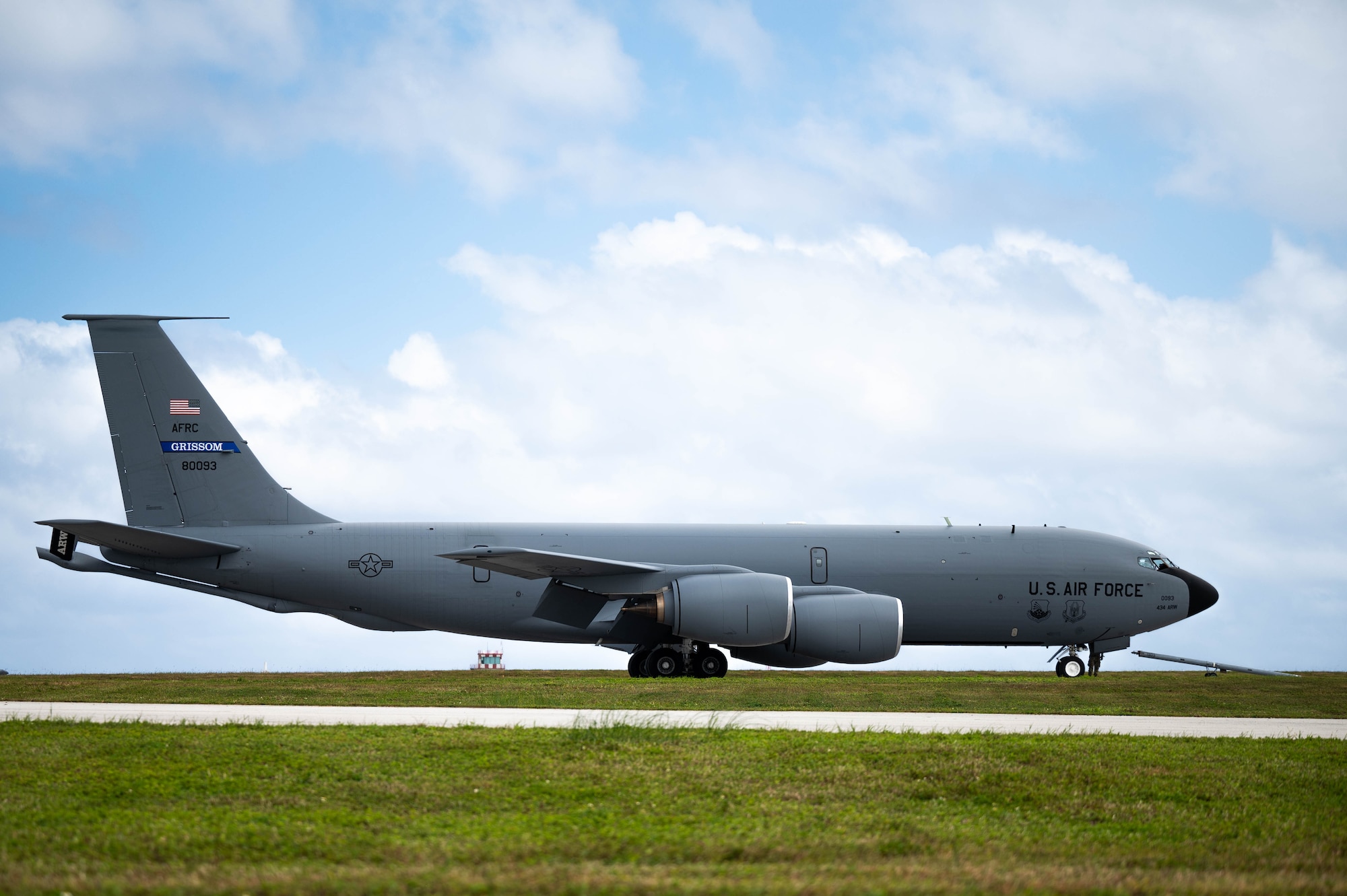 A U.S. Air Force KC-135R Stratotanker waits to be towed after arriving to support Cope North 2025 at Andersen Air Force Base, Guam, Feb. 10, 2025. The Stratotanker, assigned to the 434th Air Refueling Wing, will refuel aircraft from the U.S. Pacific Air Forces, U.S. Marine Corps, Royal Australian Air Force, and Japanese Air Self Defense Force during the exercise.