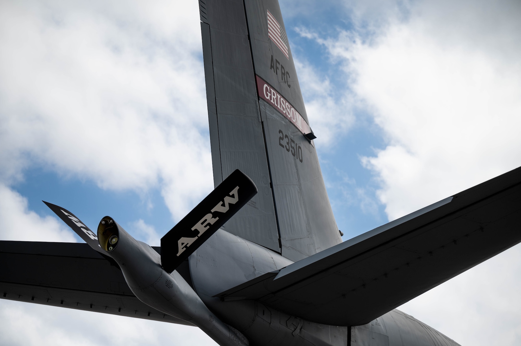 KC-135R Stratotanker close up of tail and refueling boom.
