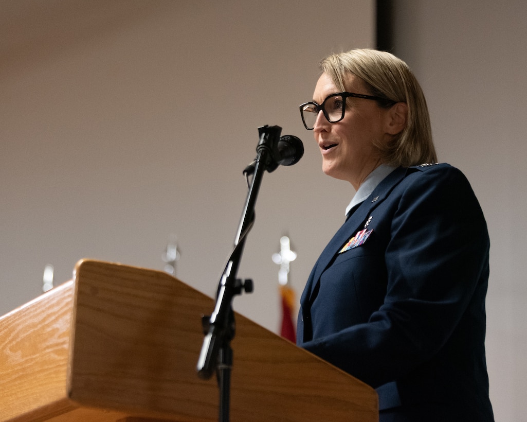 Col. Patricia Adams addresses the audience after assuming command of the 123rd Medical Group during a ceremony at the Kentucky Air National Guard Base in Louisville, Ky., Dec. 15, 2024.