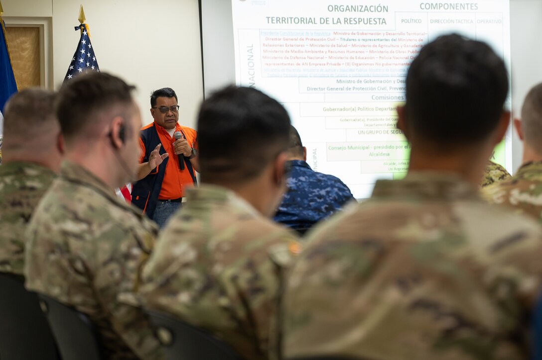 A member from the General Directorate of Civil Protection gives a presentation on their capabilities during the Jaguar Sentinel tabletop exercise in San Salvador, El Salvador, February 11, 2025.