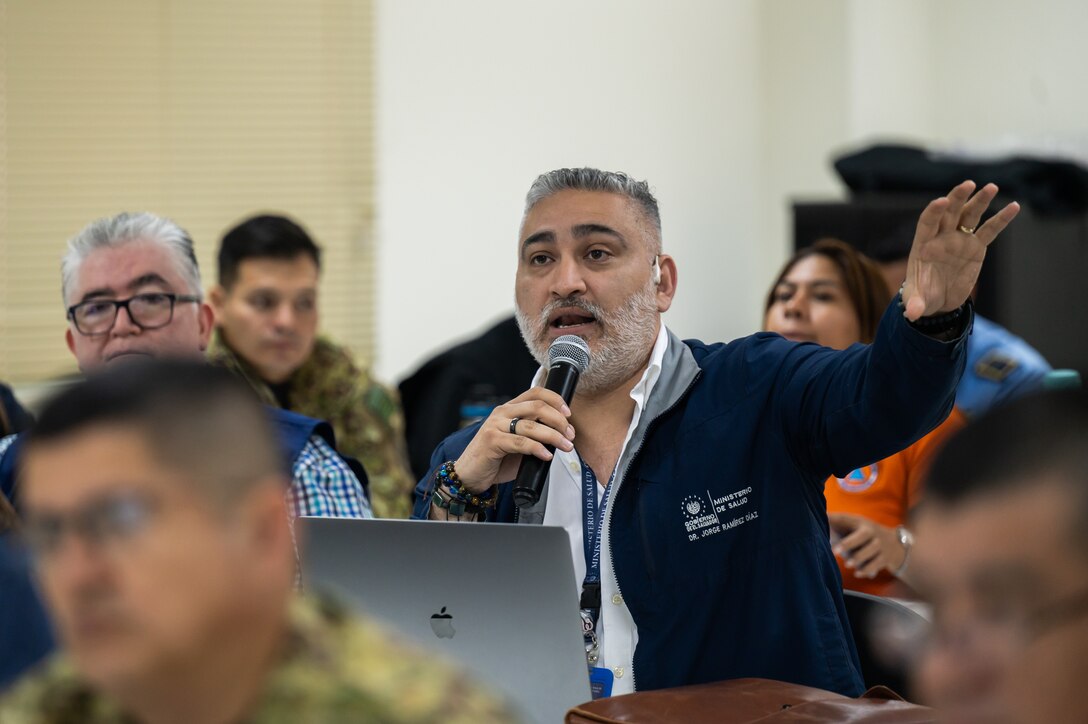 Dr. Jorge Ramírez Díaz from the El Salvador Ministry of Health asks a question during the Jaguar Sentinel tabletop exercise in San Salvador, El Salvador, February 11, 2025.