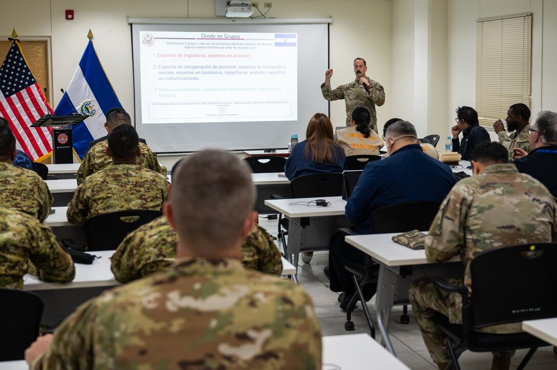 U.S. Army Maj. Frank Glutting, JTF-Bravo deputy director for civil military operations, presents the exercise scenario during the Jaguar Sentinel tabletop exercise in San Salvador, El Salvador, February 12, 2025.