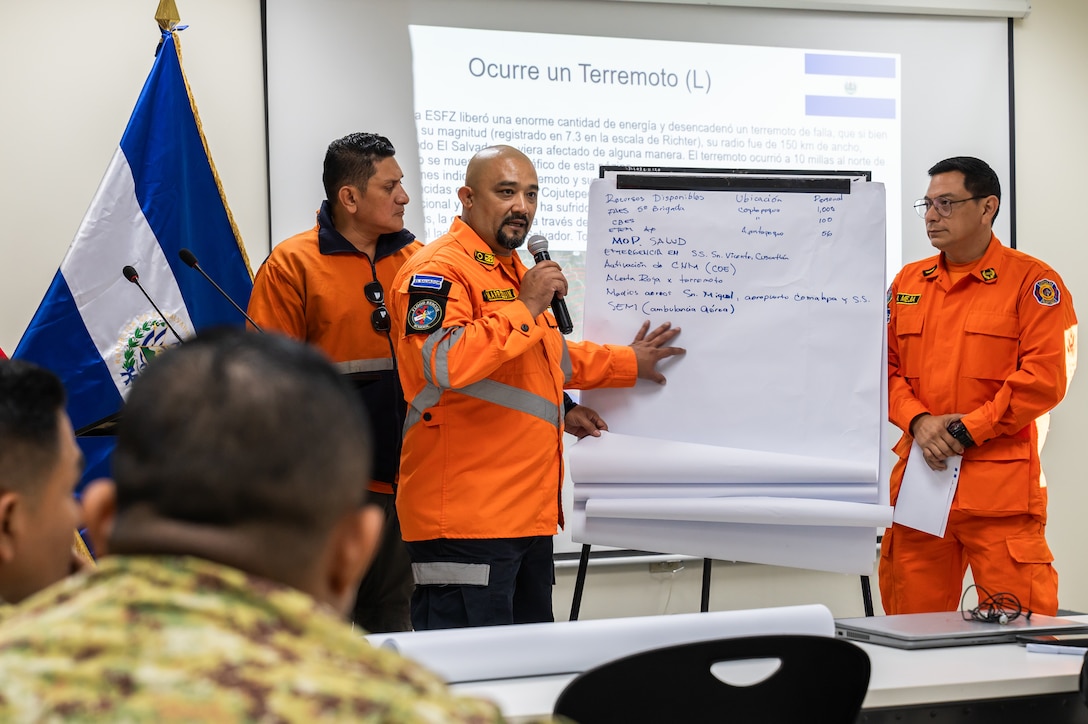 Members from the General Directorate of Civil Protection present their work during the Jaguar Sentinel tabletop exercise scenario portion in San Salvador, El Salvador, February 12, 2025.
