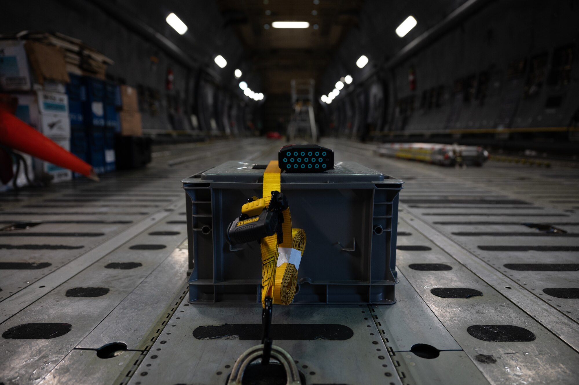 A high-fidelity testing unit is strapped down in a C-5M Super Galaxy at Dover Air Force Base, Delaware, Feb. 13, 2025. Sensors placed inside the C-5 by the 46th Test and Evaluation Squadron measured how long it took for the vapor to be purged during flight. (U.S. Air Force photo by Airman 1st Class Liberty Matthews)