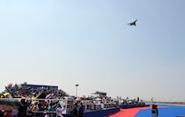 A U.S. Air Force B-1B Lancer assigned to the 34th Expeditionary Bomb Squadron, Ellsworth Air Force Base, S.D, executes a flyover during the Aero India 2025 air show at Yelahanka Air Force Station, Bengaluru, India, Feb. 13, 2025.