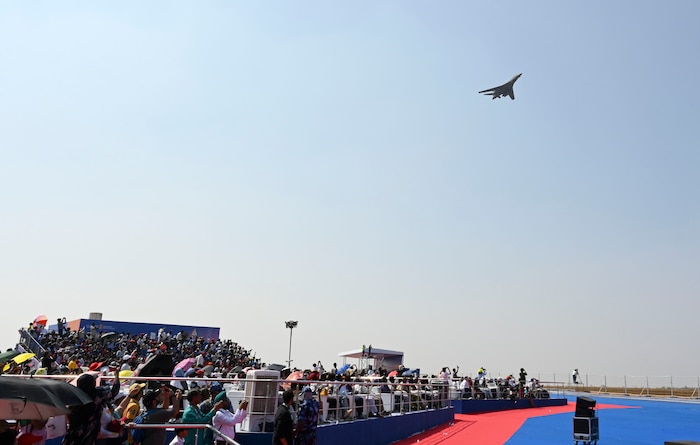 A U.S. Air Force B-1B Lancer assigned to the 34th Expeditionary Bomb Squadron, Ellsworth Air Force Base, S.D, executes a flyover during the Aero India 2025 air show at Yelahanka Air Force Station, Bengaluru, India, Feb. 13, 2025.