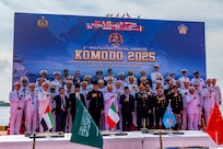 BALI, Indonesia (Feb. 16, 2025) - Representatives of 38 nations pose together for a group photo during the opening ceremony of Multilateral Naval Exercise Komodo (MNEK) 2025 in Bali, Indonesia, Feb. 16. Hosted by the Indonesian Navy, MNEK 2025 is an international, joint exercise taking place in the vicinity of Bali, Indonesia, emphasizing multilateral maritime cooperation and disaster response. (U.S. Navy photo by Mass Communication Specialist 1st Class Caroline H. Lui)
